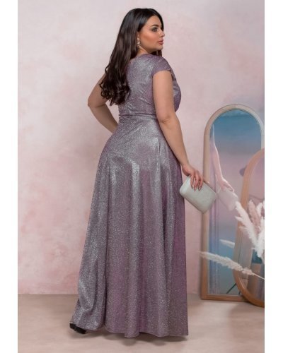 Rochie eleganta in marimi mari, lunga, din bumbac cu glitter, lila, crapata pe picior, AmandaW Rochii lungi, Rochie eleganta in marimi mari, lunga, din bumbac cu glitter, lila, crapata pe picior, AmandaW - jojofashion.ro