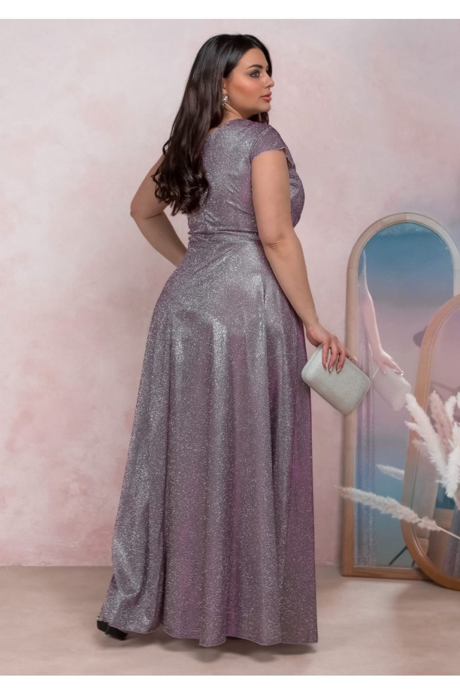 Rochie eleganta in marimi mari, lunga, din bumbac cu glitter, lila, crapata pe picior, AmandaW 2 - jojofashion.ro