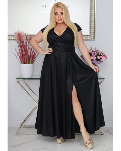 Rochie eleganta in marimi mari, lunga, din bumbac cu glitter, neagra, crapata pe picior, AmandaW Rochii lungi, Rochie eleganta in marimi mari, lunga, din bumbac cu glitter, neagra, crapata pe picior, AmandaW - jojofashion.ro