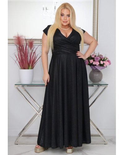 Rochie eleganta in marimi mari, lunga, din bumbac cu glitter, neagra, crapata pe picior, AmandaW Rochii lungi, Rochie eleganta in marimi mari, lunga, din bumbac cu glitter, neagra, crapata pe picior, AmandaW - jojofashion.ro