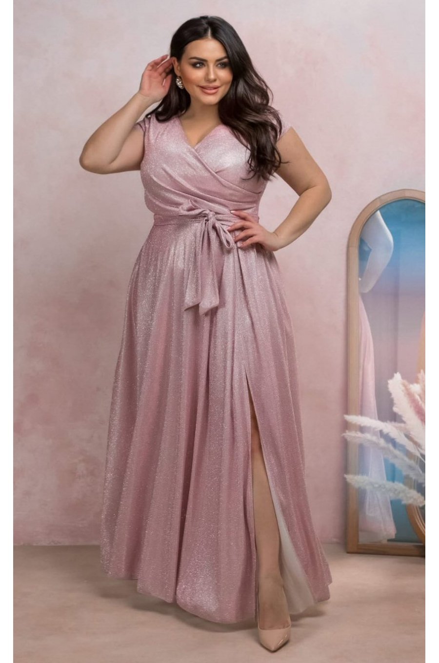 Rochie eleganta in marimi mari, lunga, din bumbac cu glitter, roz prafuit, crapata pe picior, AmandaW 1 - jojofashion.ro