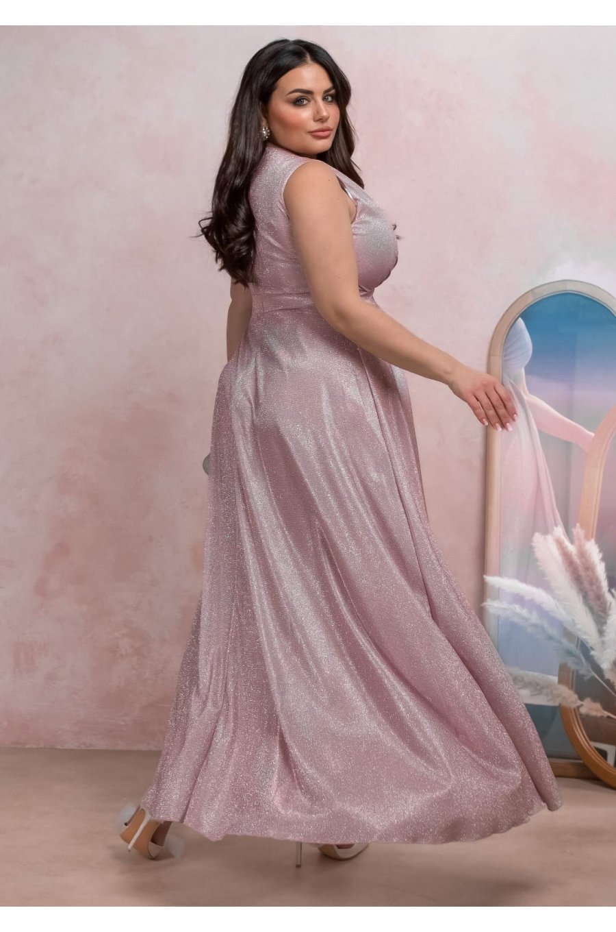 Rochie eleganta in marimi mari, lunga, din bumbac cu glitter, roz prafuit, crapata pe picior, AmandaW 2 - jojofashion.ro