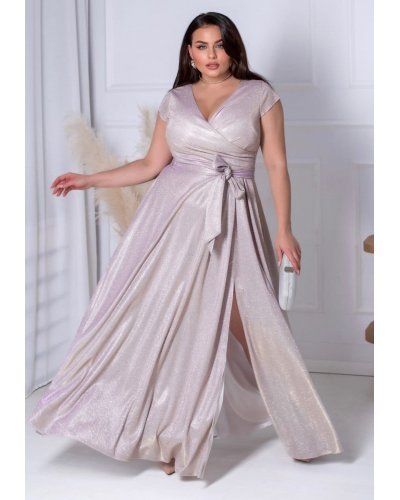 Rochie lunga eleganta din bumbac cu glitter sampanie cu reflexii lila crapata pe picior AmandaW Rochii lungi, Rochie lunga eleganta din bumbac cu glitter sampanie cu reflexii lila crapata pe picior AmandaW - jojofashion.ro