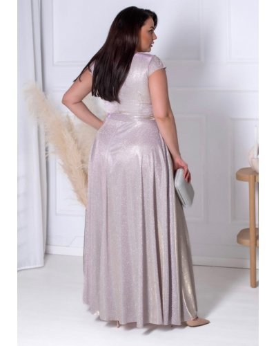 Rochie lunga eleganta din bumbac cu glitter sampanie cu reflexii lila crapata pe picior AmandaW Rochii lungi, Rochie lunga eleganta din bumbac cu glitter sampanie cu reflexii lila crapata pe picior AmandaW - jojofashion.ro