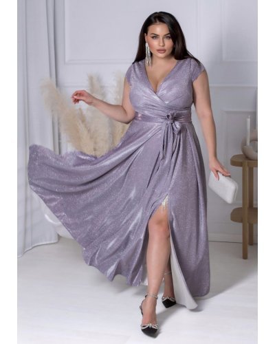 Rochie eleganta in marimi mari, lunga, din bumbac cu glitter, violet, crapata pe picior,  AmandaW Rochii lungi, Rochie eleganta in marimi mari, lunga, din bumbac cu glitter, violet, crapata pe picior,  AmandaW - jojofashion.ro