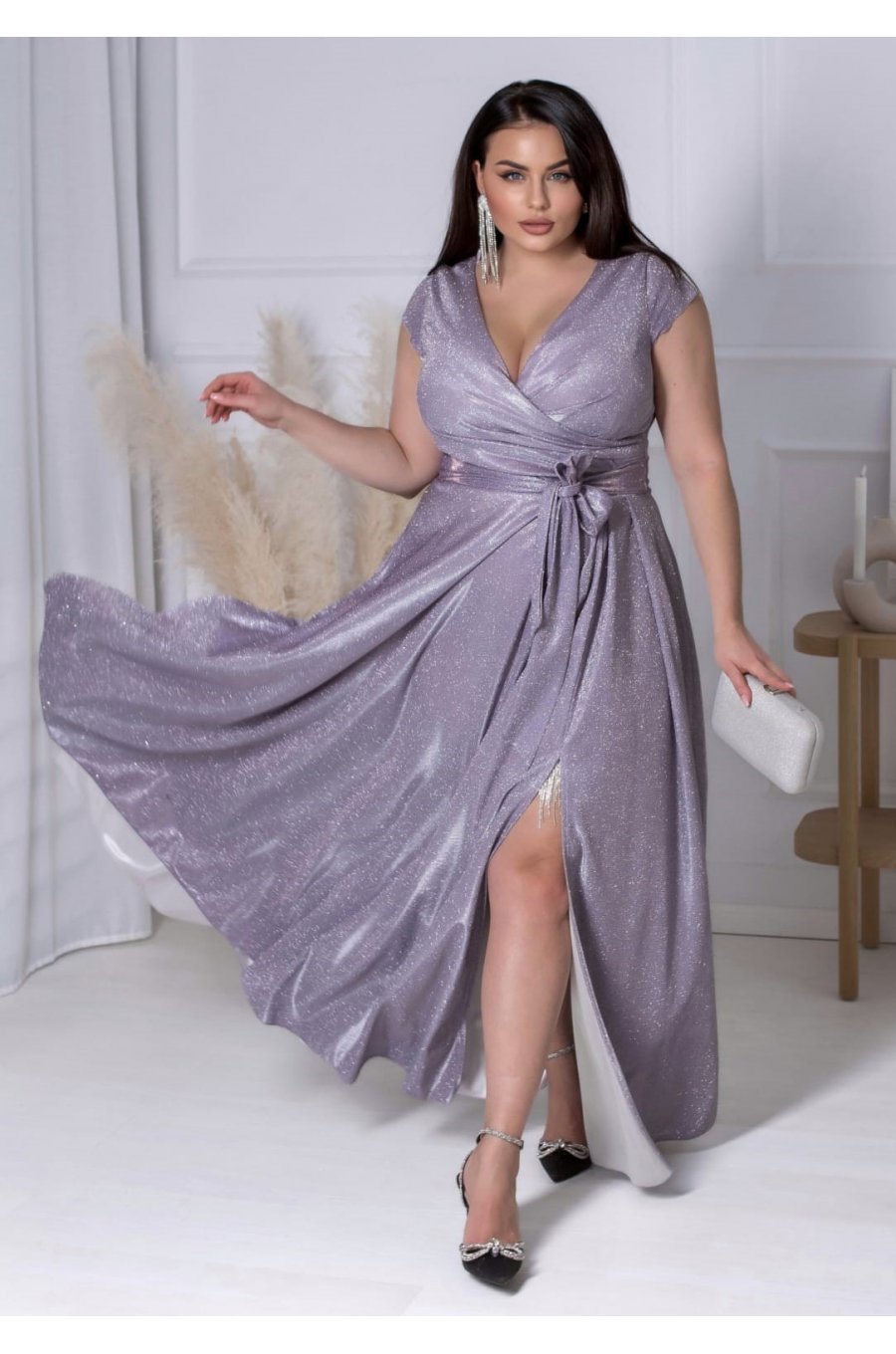 Rochie eleganta in marimi mari, lunga, din bumbac cu glitter, violet, crapata pe picior,  AmandaW 1 - jojofashion.ro