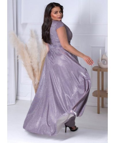 Rochie eleganta in marimi mari, lunga, din bumbac cu glitter, violet, crapata pe picior,  AmandaW Rochii lungi, Rochie eleganta in marimi mari, lunga, din bumbac cu glitter, violet, crapata pe picior,  AmandaW - jojofashion.ro