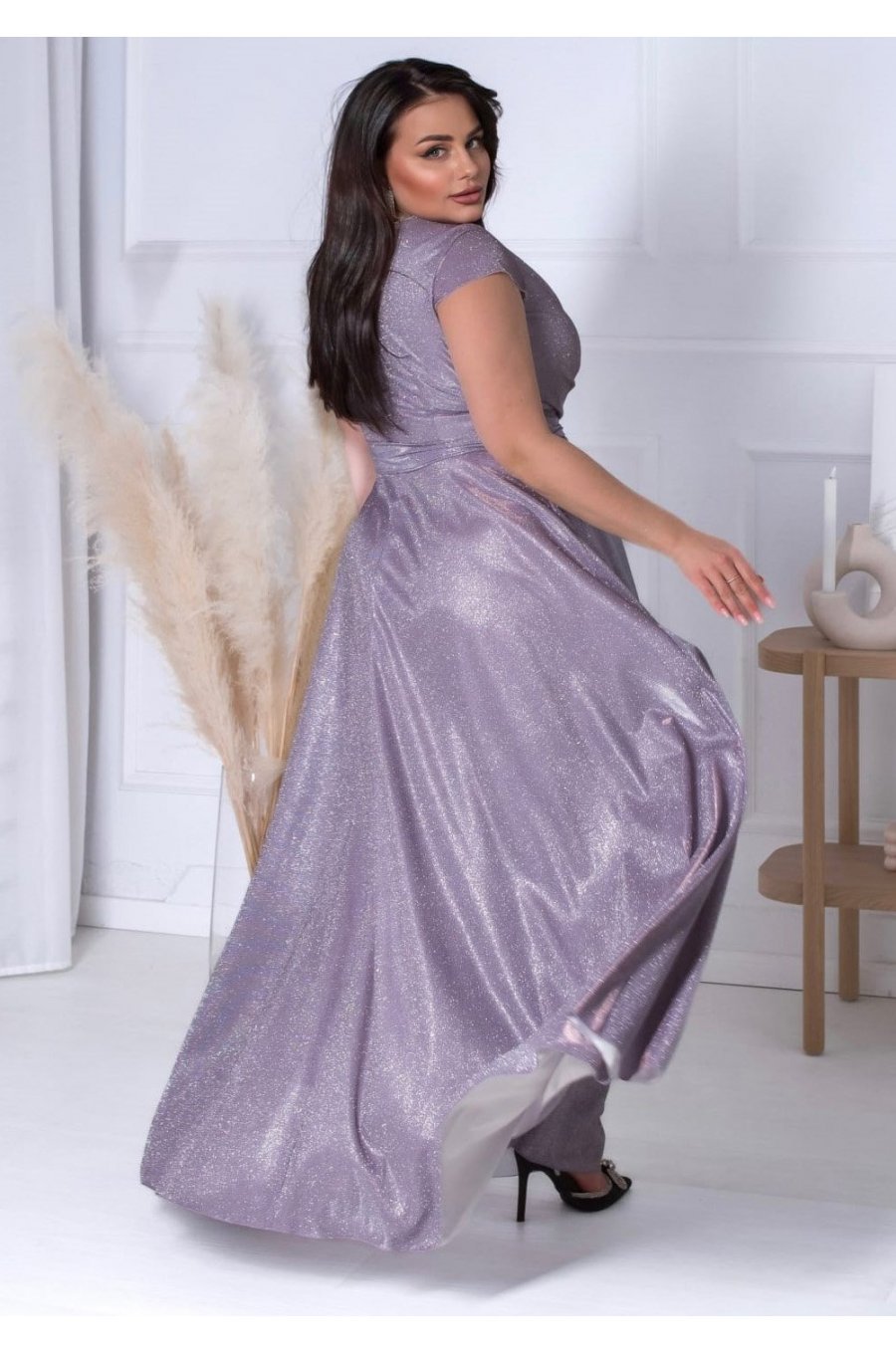 Rochie eleganta in marimi mari, lunga, din bumbac cu glitter, violet, crapata pe picior,  AmandaW 2 - jojofashion.ro
