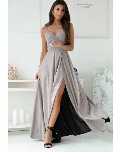 Rochie eleganta lunga argintie cu glitter TifaniW Rochii lungi, Rochie eleganta lunga argintie cu glitter TifaniW - jojofashion.ro