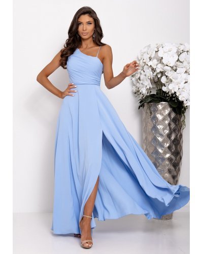 Rochie eleganta lunga baby blue cu un umar gol vaporoasa Monako Rochii, Rochie eleganta lunga baby blue cu un umar gol vaporoasa Monako - jojofashion.ro