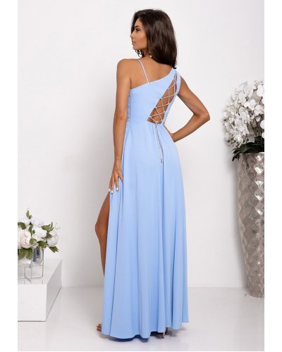 Rochie eleganta lunga baby blue cu un umar gol vaporoasa Monako Rochii, Rochie eleganta lunga baby blue cu un umar gol vaporoasa Monako - jojofashion.ro