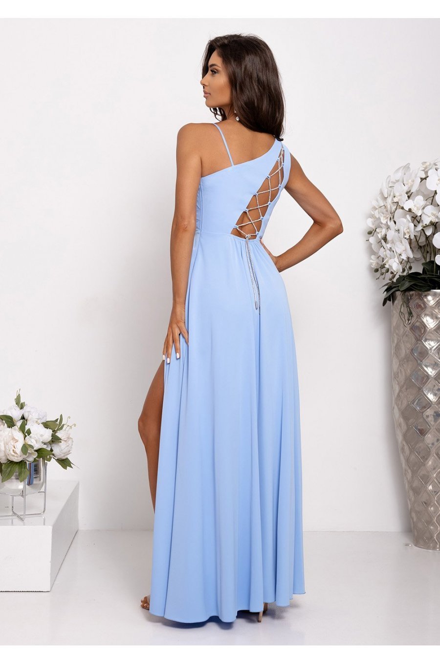 Rochie eleganta lunga baby blue cu un umar gol vaporoasa Monako 2 - jojofashion.ro