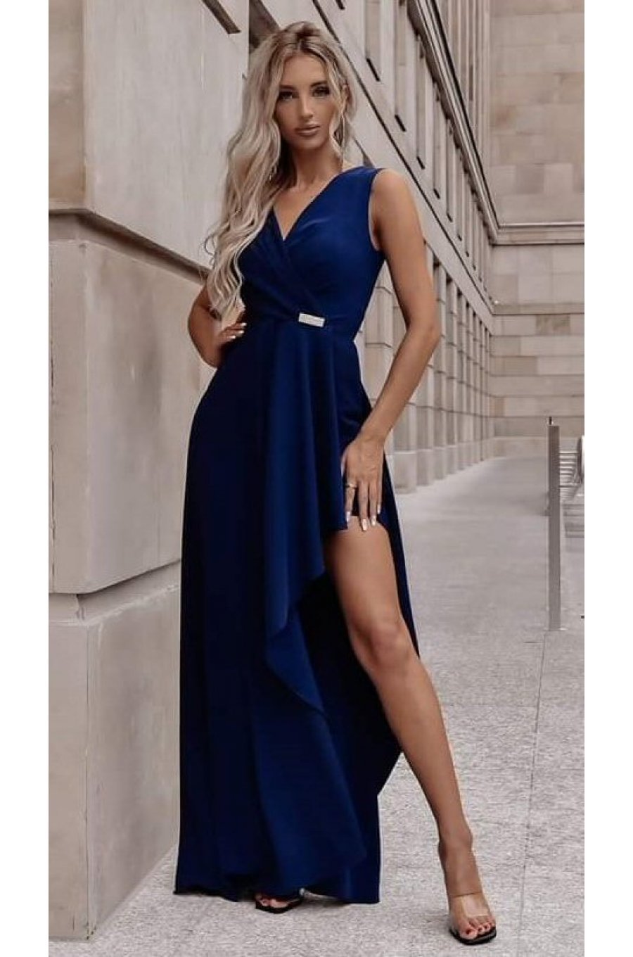 Rochie eleganta lunga, bleumarin, asimetrica, ElifW  1 - jojofashion.ro