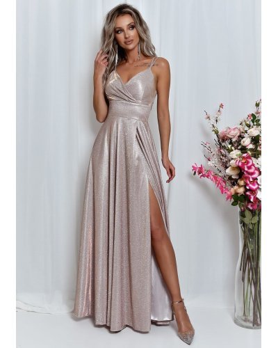 Rochie eleganta lunga din bumbac cu glitter sampanie cu reflexii roz TifaniW Rochii lungi, Rochie eleganta lunga din bumbac cu glitter sampanie cu reflexii roz TifaniW - jojofashion.ro