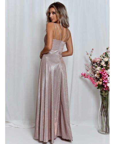 Rochie eleganta lunga din bumbac cu glitter sampanie cu reflexii roz TifaniW Rochii lungi, Rochie eleganta lunga din bumbac cu glitter sampanie cu reflexii roz TifaniW - jojofashion.ro