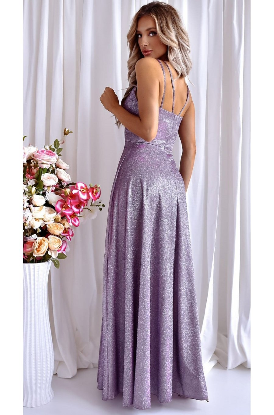 Rochie eleganta lunga, bumbac cu glitter, bleu cu reflexii lila, TifaniW 2 - jojofashion.ro