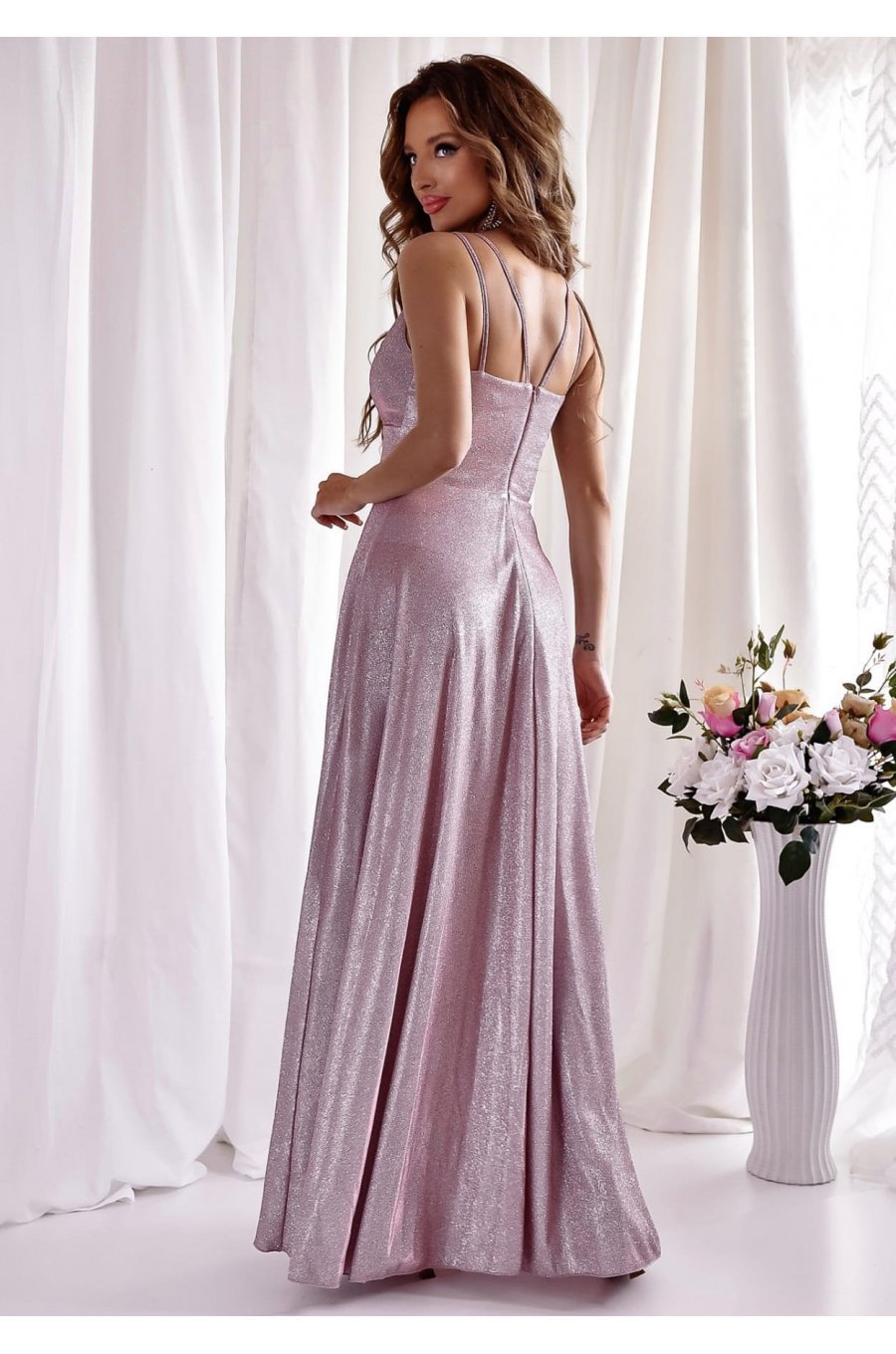 Rochie eleganta lunga, bumbac cu glitter roz prafuit, cu reflexii, TifaniW 2 - jojofashion.ro