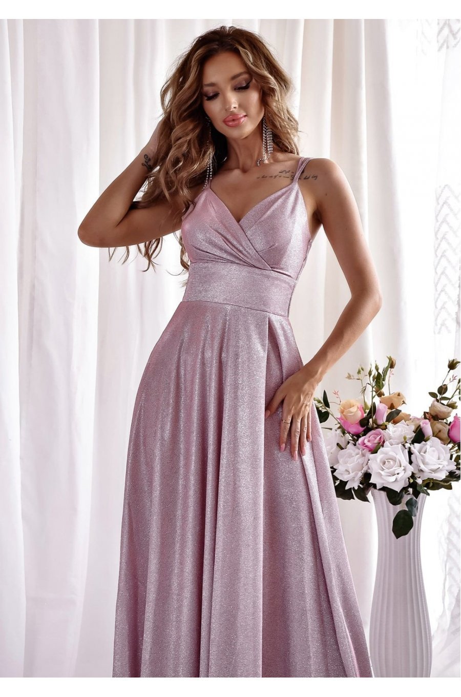 Rochie eleganta lunga, bumbac cu glitter roz prafuit, cu reflexii, TifaniW 3 - jojofashion.ro