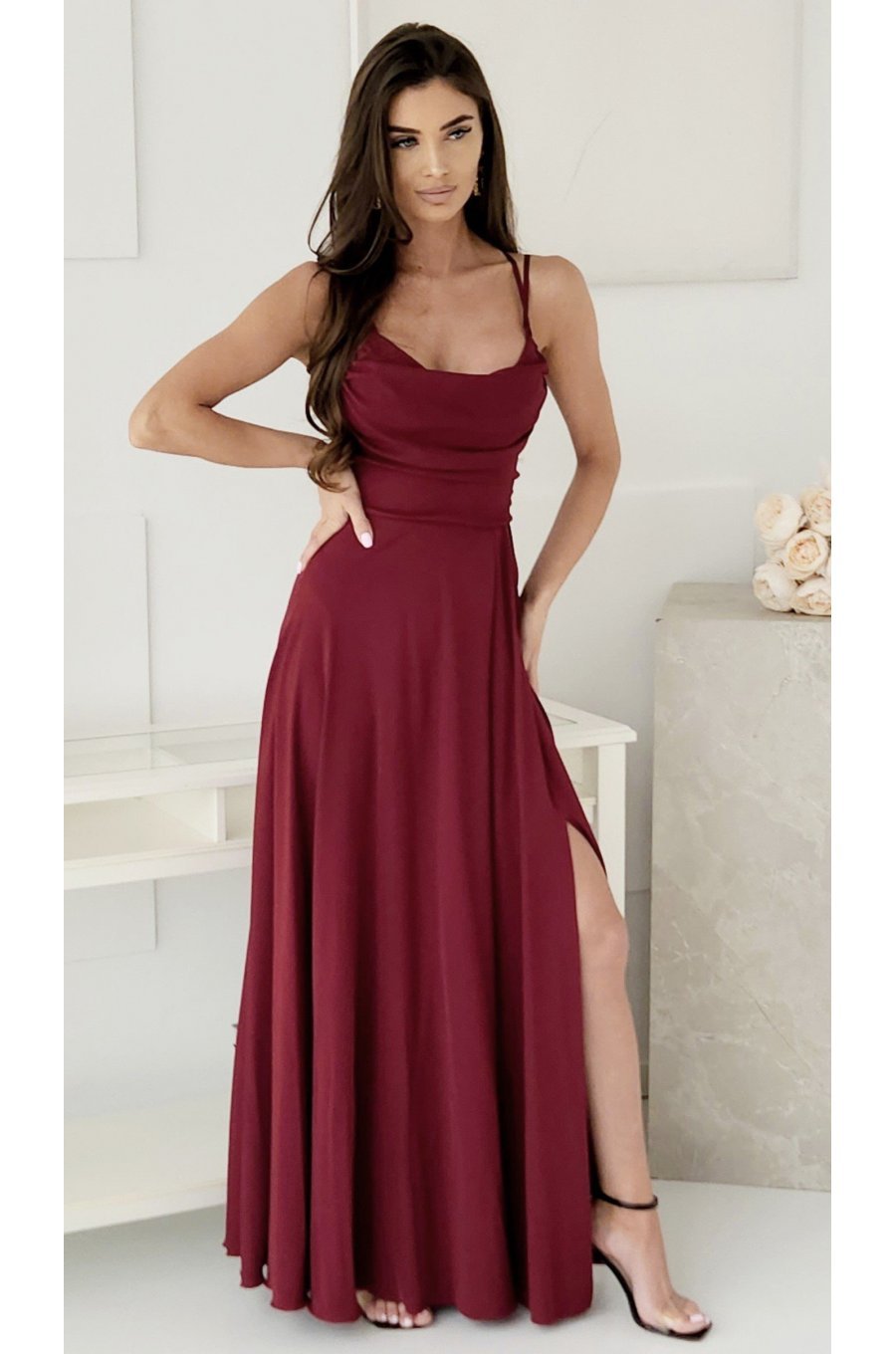 Rochie lunga burgundy cu bust tip corset ValeriaW 3 - jojofashion.ro