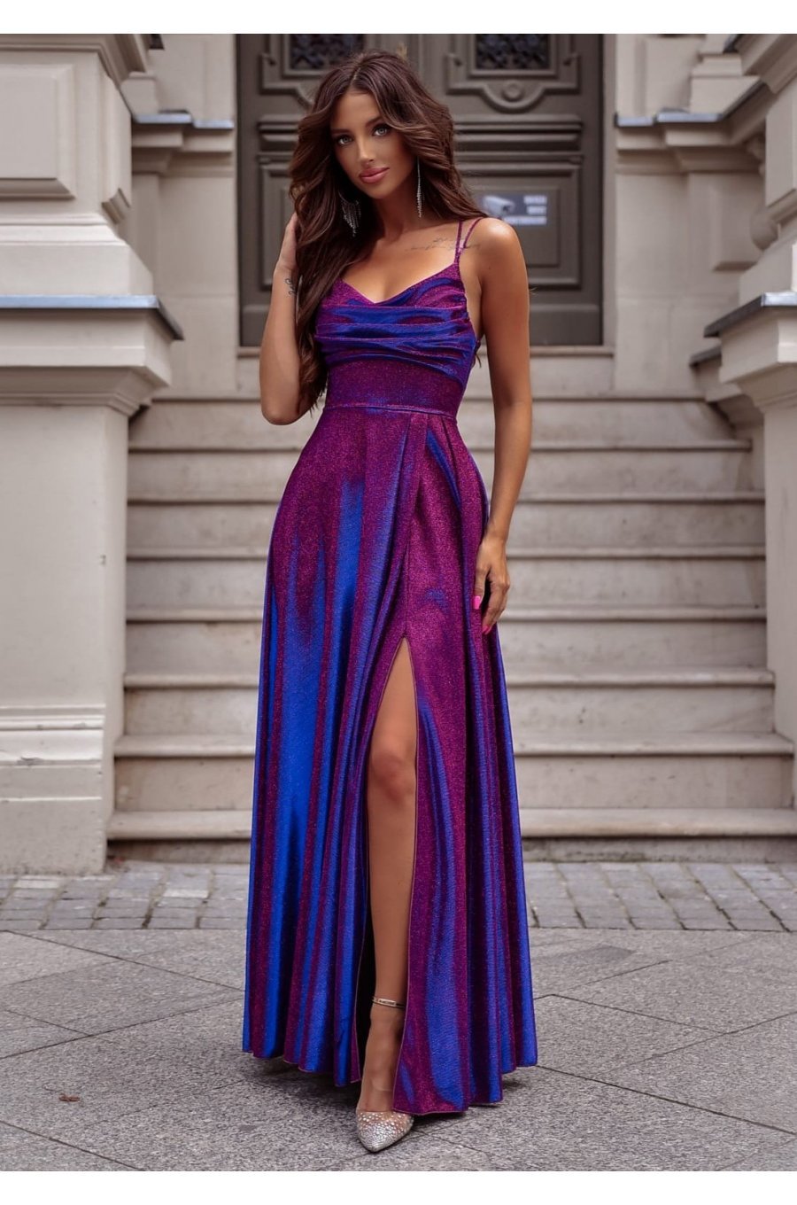 Rochie eleganta lunga din glitter navy multicolor cu reflexii ValeriaLux 1 - jojofashion.ro