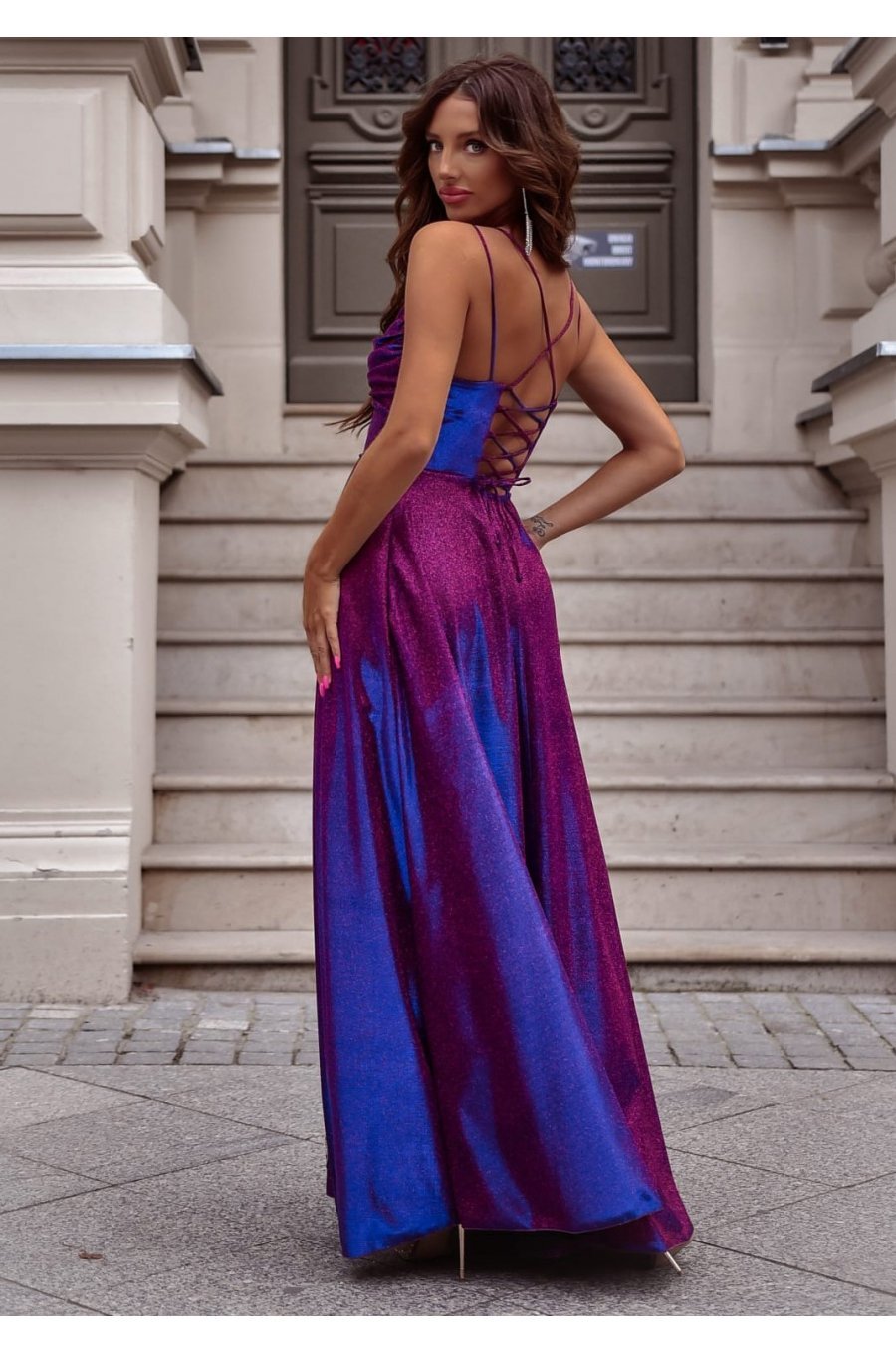 Rochie eleganta lunga din glitter navy multicolor cu reflexii ValeriaLux 2 - jojofashion.ro