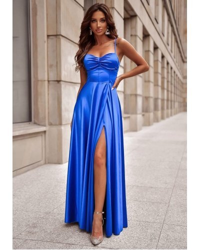 Rochie eleganta lunga, din satin, albastra, cu corset, Karenina Rochii satin, Rochie eleganta lunga, din satin, albastra, cu corset, Karenina - jojofashion.ro