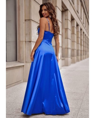 Rochie eleganta lunga, din satin, albastra, cu corset, Karenina Rochii satin, Rochie eleganta lunga, din satin, albastra, cu corset, Karenina - jojofashion.ro