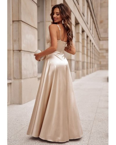 Rochie de ocazie lunga, din satin, aurie, cu corset, Karenina Rochii satin, Rochie de ocazie lunga, din satin, aurie, cu corset, Karenina - jojofashion.ro
