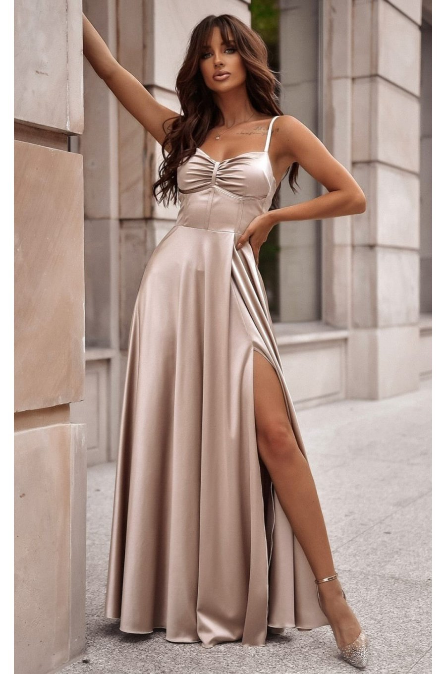 Rochie eleganta lunga, din satin, bej sampanie, cu corset, Karenina 1 - jojofashion.ro