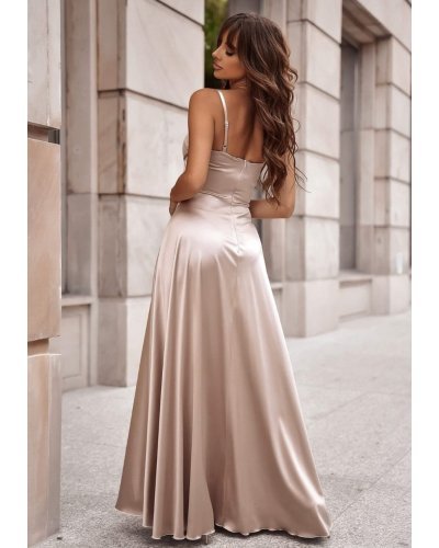 Rochie eleganta lunga, din satin, bej sampanie, cu corset, Karenina Rochii satin, Rochie eleganta lunga, din satin, bej sampanie, cu corset, Karenina - jojofashion.ro