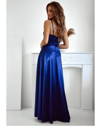 Rochie eleganta lunga, din satin, bleumarin navy, cu corset, Karenina Rochii satin, Rochie eleganta lunga, din satin, bleumarin navy, cu corset, Karenina - jojofashion.ro