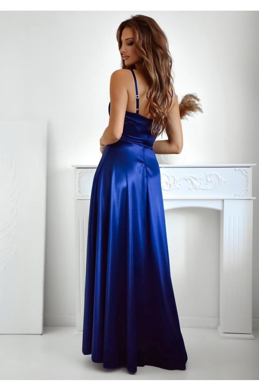 Rochie eleganta lunga, din satin, bleumarin navy, cu corset, Karenina 2 - jojofashion.ro