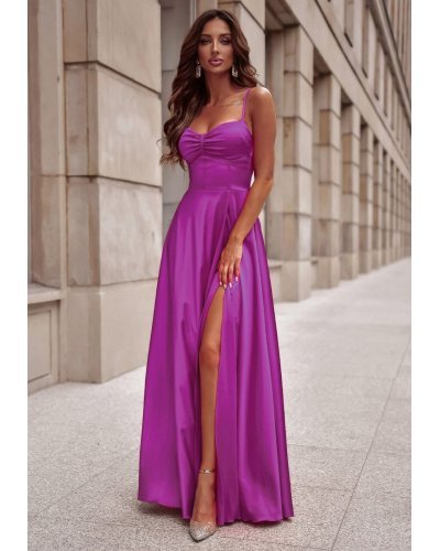 Rochie eleganta lunga, din satin, roz magenta, cu corset, Karenina Rochii satin, Rochie eleganta lunga, din satin, roz magenta, cu corset, Karenina - jojofashion.ro