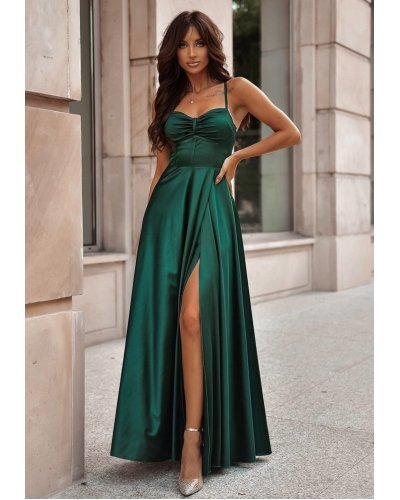 Rochie eleganta lunga, din satin, verde smarald, cu corset, Karenina Rochii satin, Rochie eleganta lunga, din satin, verde smarald, cu corset, Karenina - jojofashion.ro
