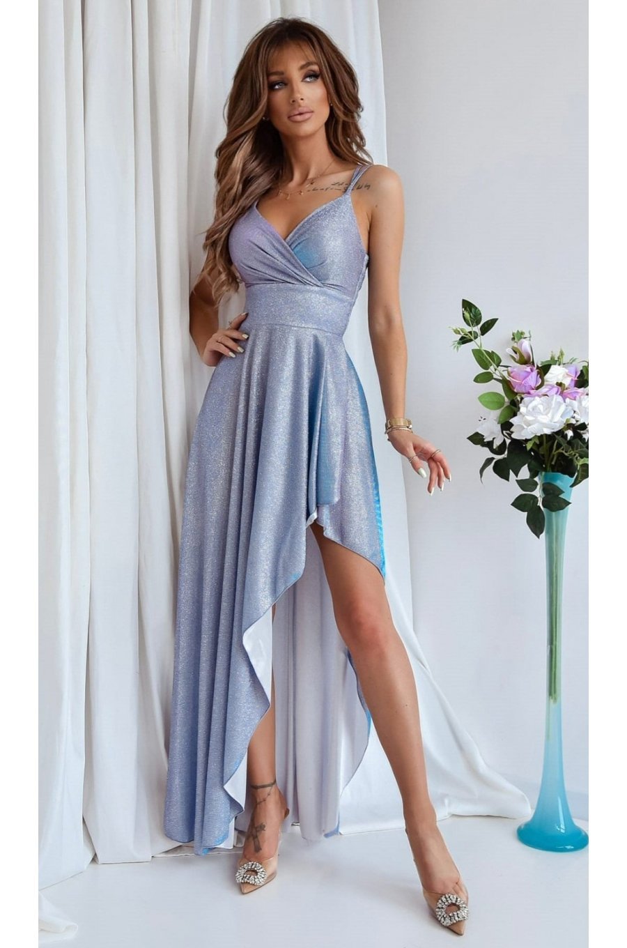 Rochie eleganta lunga, glitter, baby blue, asimetrica, cu decolteu plic, EssaW    1 - jojofashion.ro