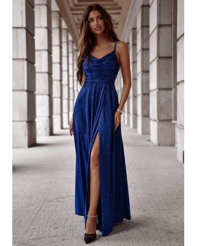Rochie eleganta lunga din glitter bleumarin navy cu bust tip corset ValeriaLux Rochii lungi, Rochie eleganta lunga din glitter bleumarin navy cu bust tip corset ValeriaLux - jojofashion.ro