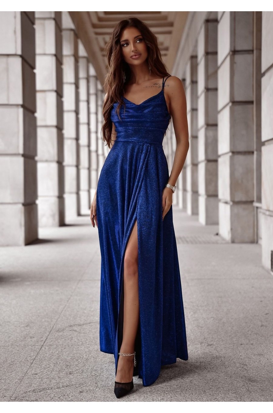 Rochie eleganta lunga din glitter bleumarin navy cu bust tip corset ValeriaLux 1 - jojofashion.ro