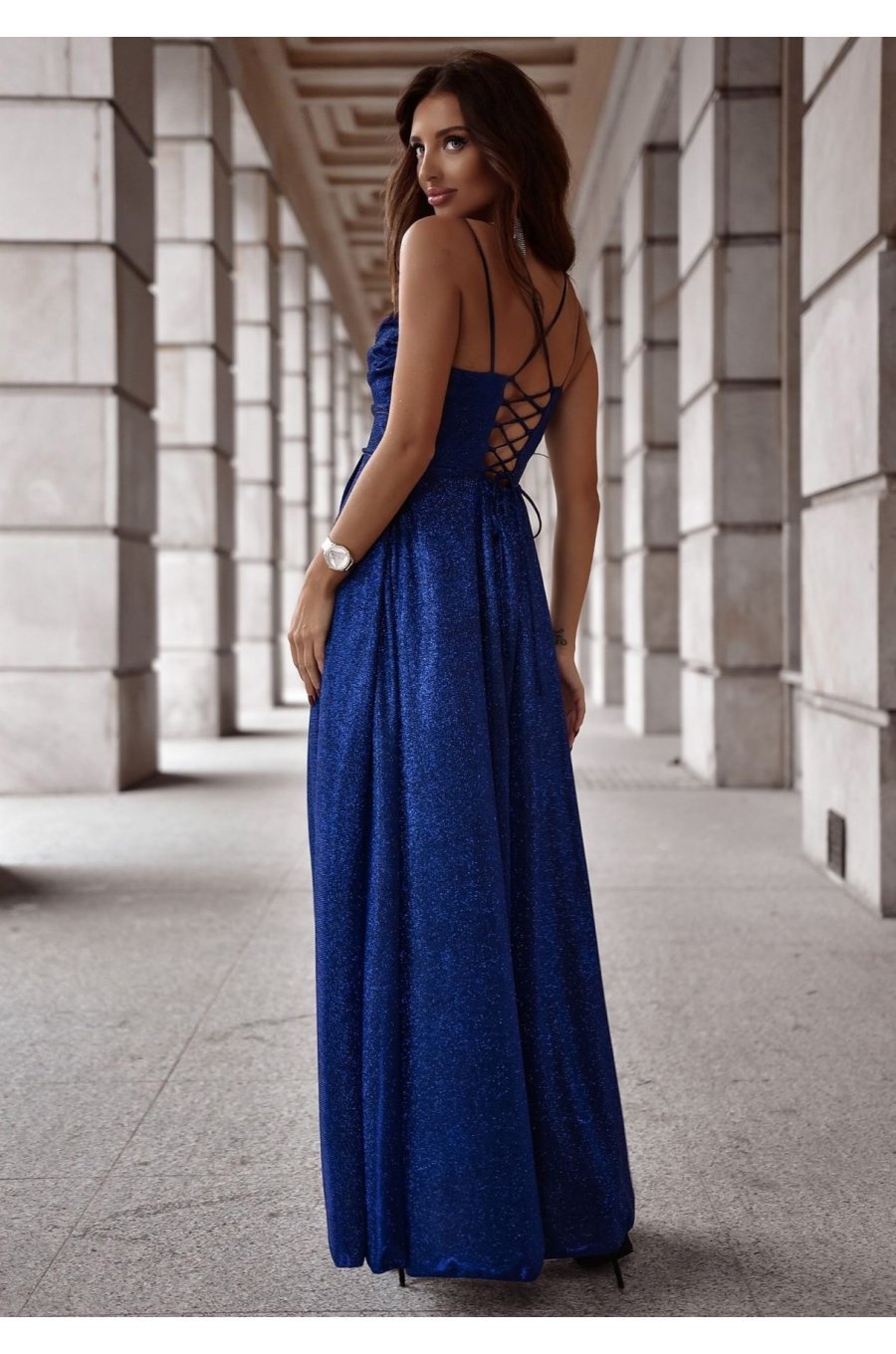Rochie eleganta lunga din glitter bleumarin navy cu bust tip corset ValeriaLux 2 - jojofashion.ro