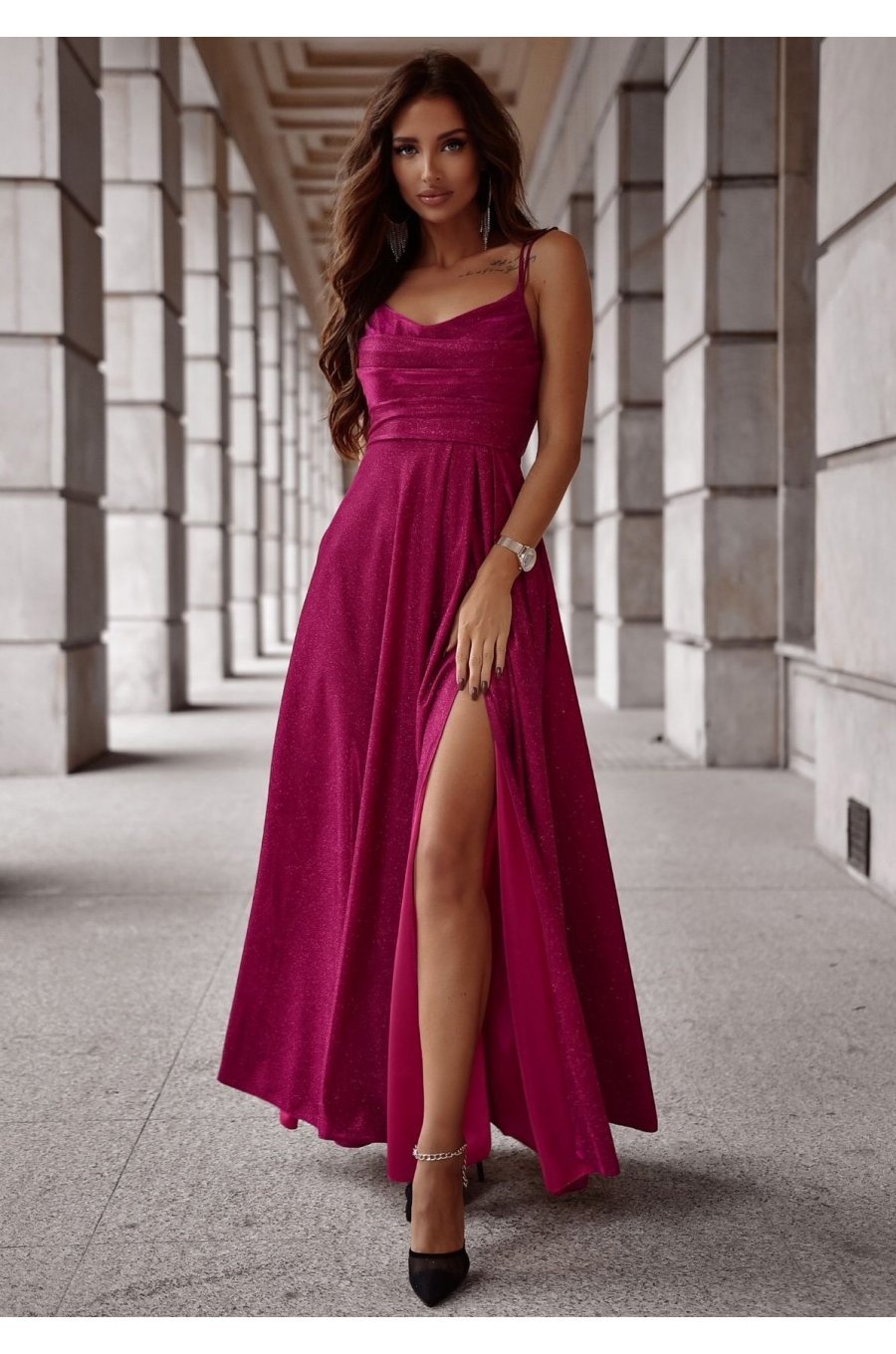 Rochie eleganta lunga din glitter burgundy cu bust tip corset ValeriaLux Rochie eleganta lunga din glitter burgundy cu bust tip corset ValeriaLux 1 - jojofashion.ro