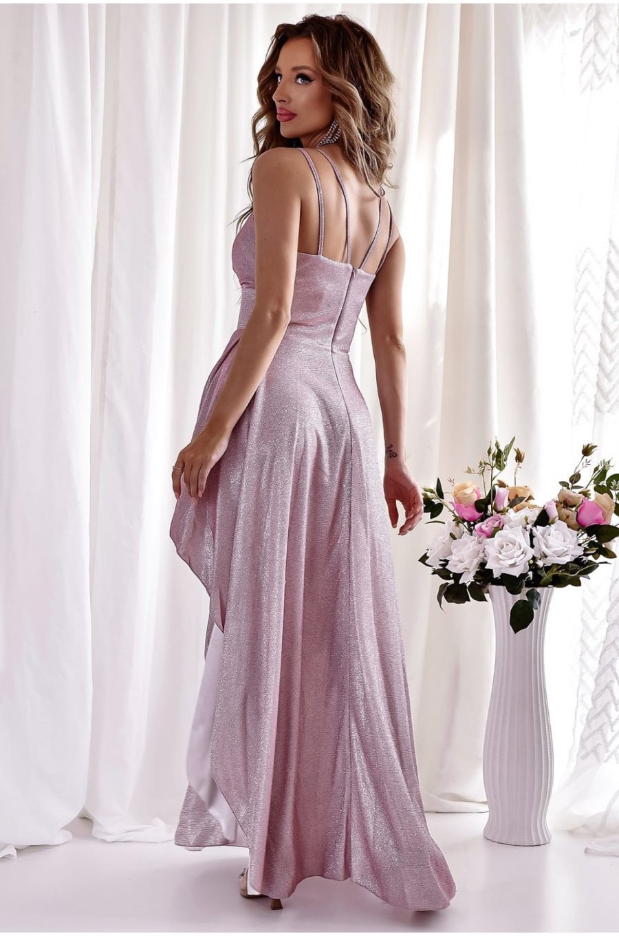 Rochie eleganta lunga, glitter, roz, asimetrica, cu decolteu plic, EssaW 2 - jojofashion.ro