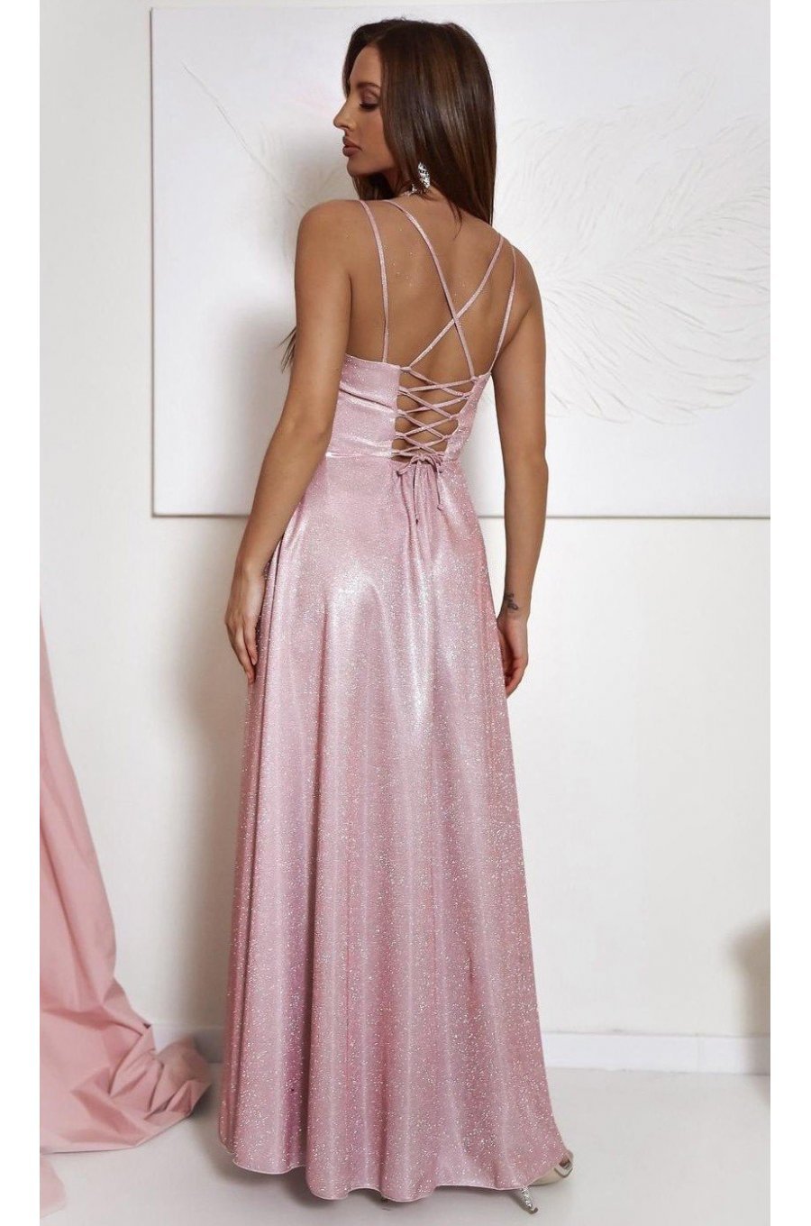 Rochie eleganta lunga roz pudra cu glitter si bust tip corset ValeriaLux 2 - jojofashion.ro