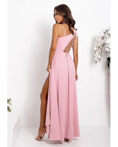 Rochie eleganta lunga roz pudra cu un umar gol vaporoasa Monako Rochii de nasa, Rochie eleganta lunga roz pudra cu un umar gol vaporoasa Monako - jojofashion.ro