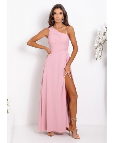 Rochie eleganta lunga roz pudra cu un umar gol vaporoasa Monako Rochii de nasa, Rochie eleganta lunga roz pudra cu un umar gol vaporoasa Monako - jojofashion.ro