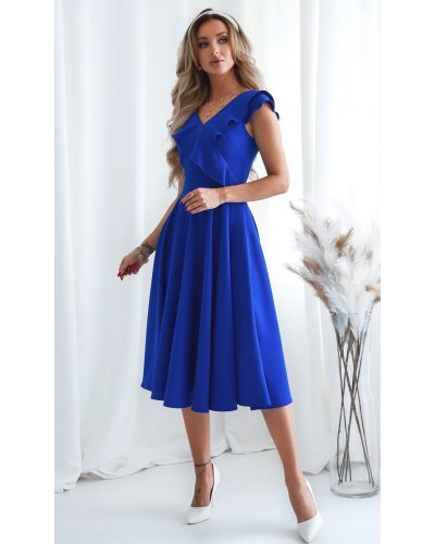 Rochie eleganta midi, albastra, in clos, cu volane pe bust, retro, FalbanaW Rochii de vara, Rochie eleganta midi, albastra, in clos, cu volane pe bust, retro, FalbanaW - jojofashion.ro