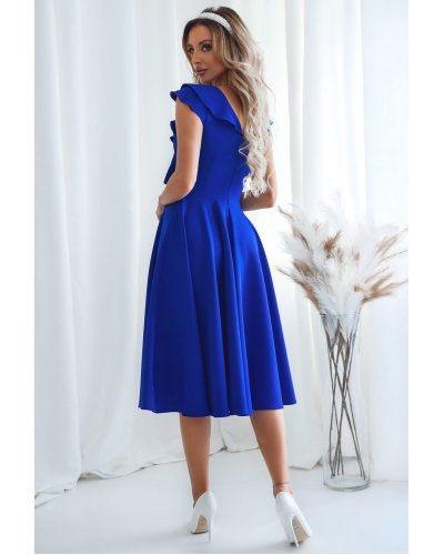 Rochie eleganta midi, albastra, in clos, cu volane pe bust, retro, FalbanaW Rochii de vara, Rochie eleganta midi, albastra, in clos, cu volane pe bust, retro, FalbanaW - jojofashion.ro