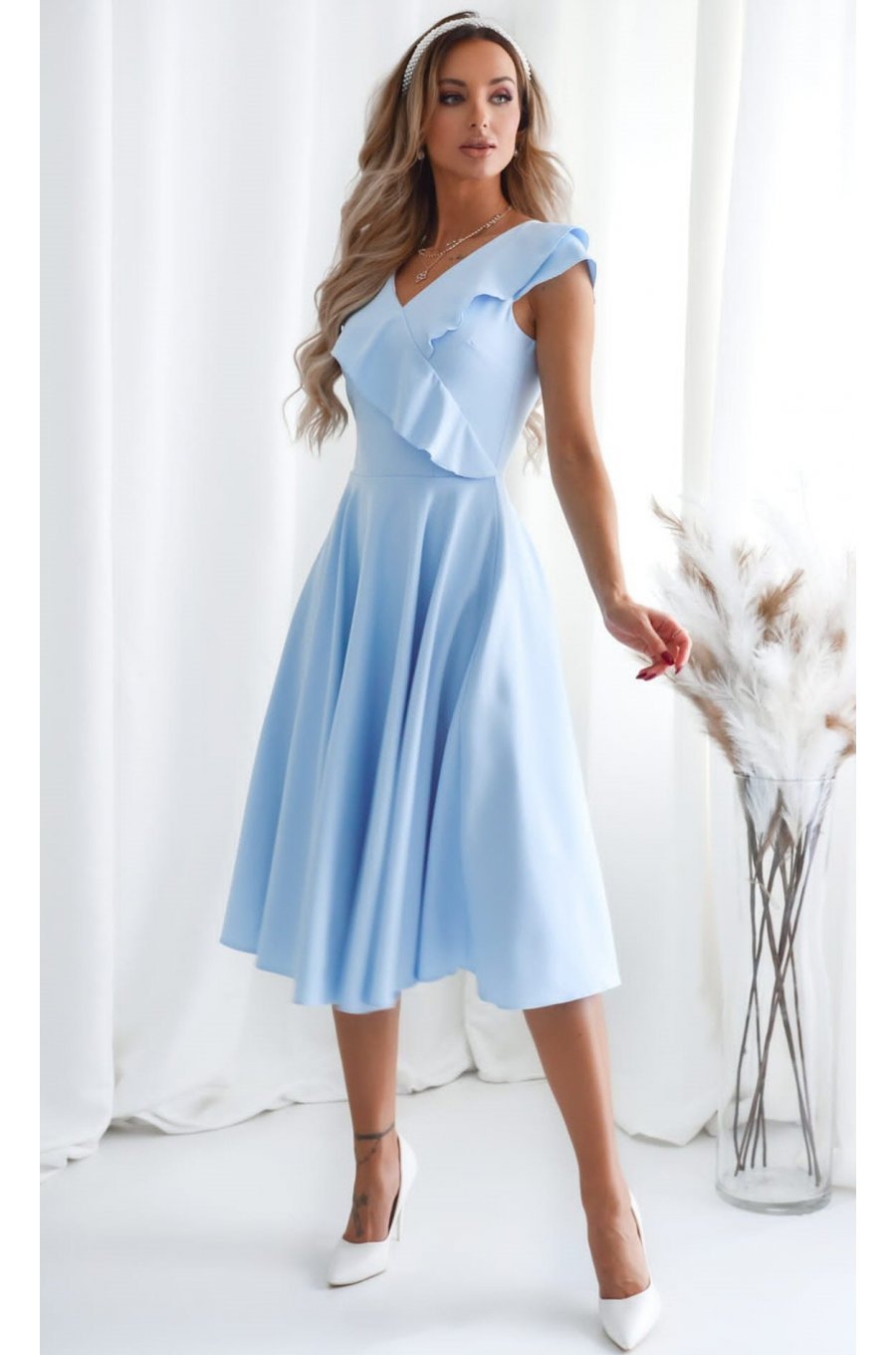 Rochie eleganta midi, baby blue, in clos, cu volane pe bust, retro, FalbanaW 1 - jojofashion.ro