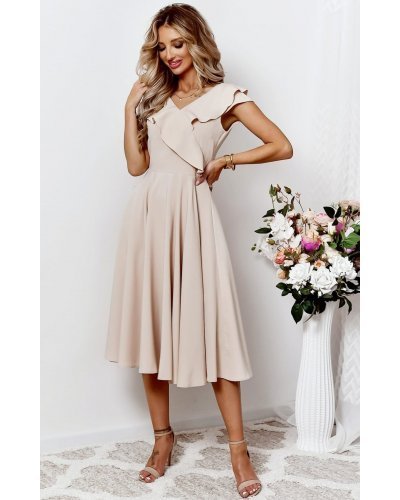 Rochie eleganta midi, bej, in clos, cu volane pe bust, retro, FalbanaW Rochii de vara, Rochie eleganta midi, bej, in clos, cu volane pe bust, retro, FalbanaW - jojofashion.ro
