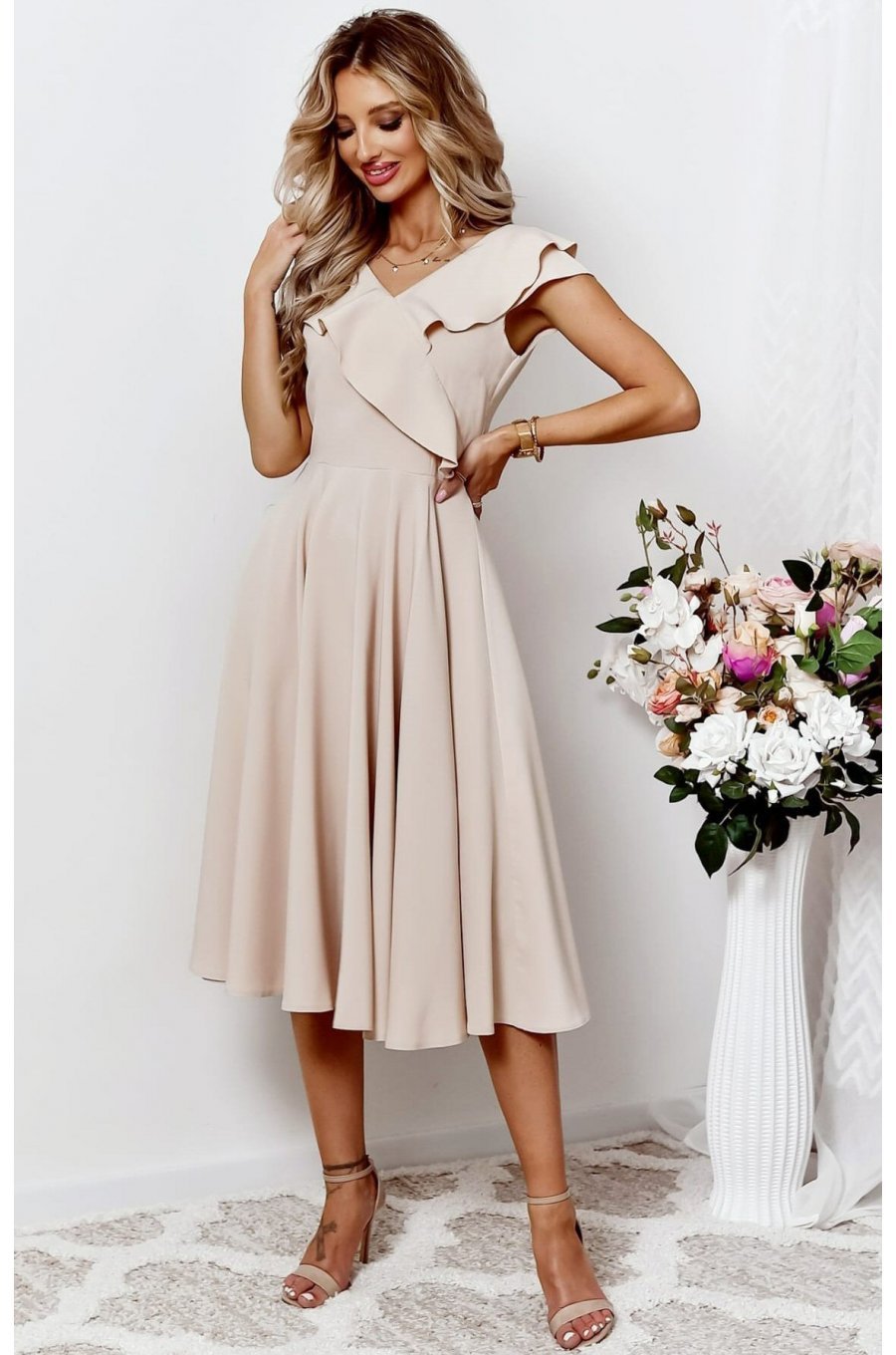 Rochie eleganta midi, bej, in clos, cu volane pe bust, retro, FalbanaW 1 - jojofashion.ro