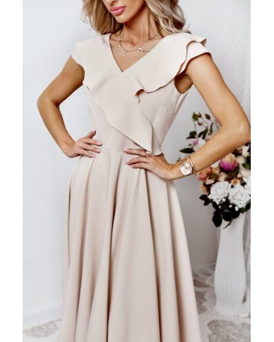 Rochie eleganta midi, bej, in clos, cu volane pe bust, retro, FalbanaW Rochii de vara, Rochie eleganta midi, bej, in clos, cu volane pe bust, retro, FalbanaW - jojofashion.ro