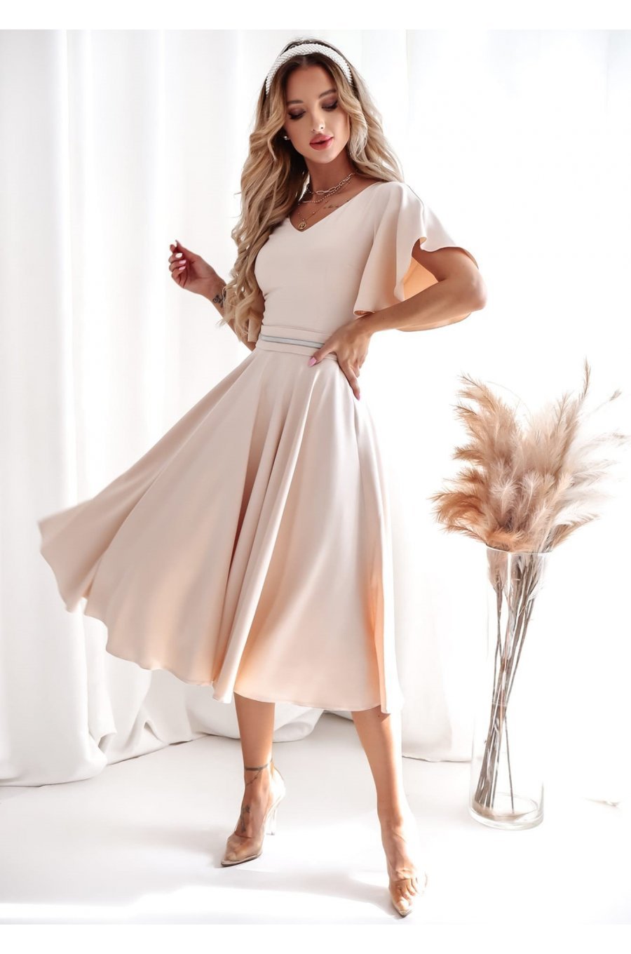 Rochie midi din bumbac bej LunaW 1 - jojofashion.ro
